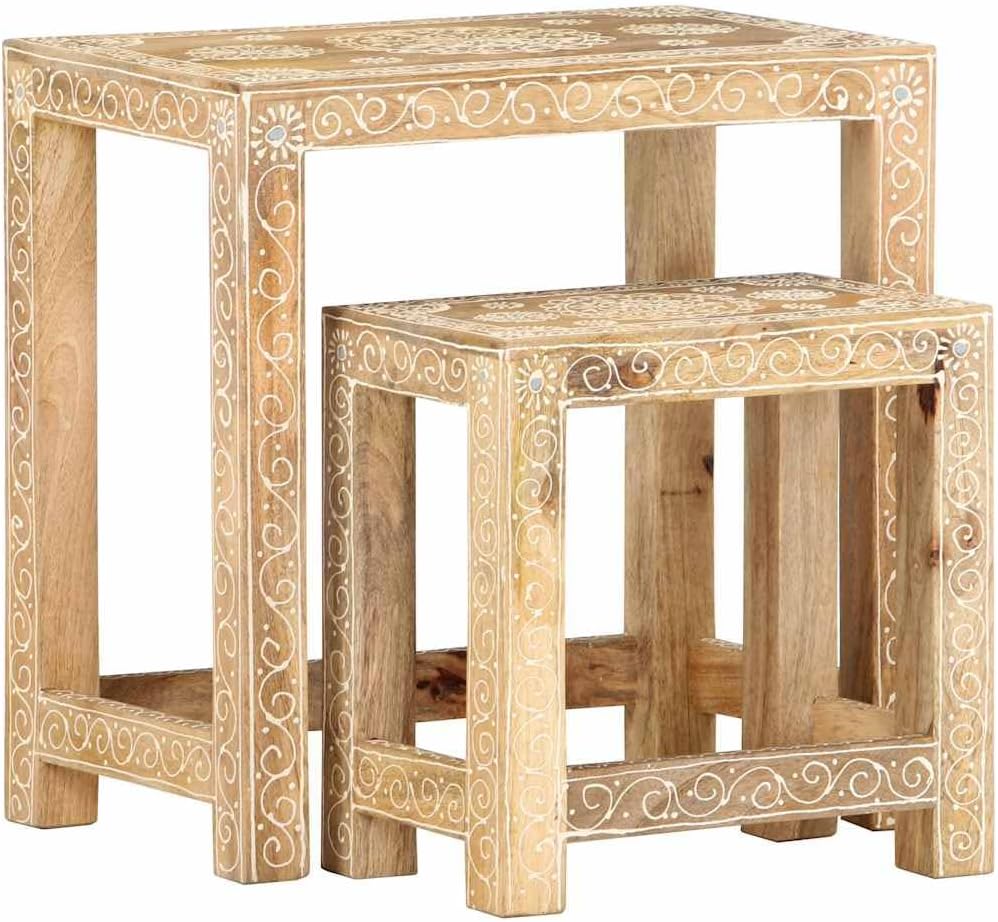 2 Piece Side Table Set Solid Mango Wood Hand-Painted Nesting Tables for Livin...