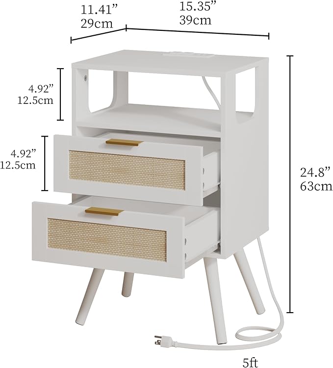 Rattan Nightstand with Charging Station,Farmhouse Bedside Table with 2 Storag...