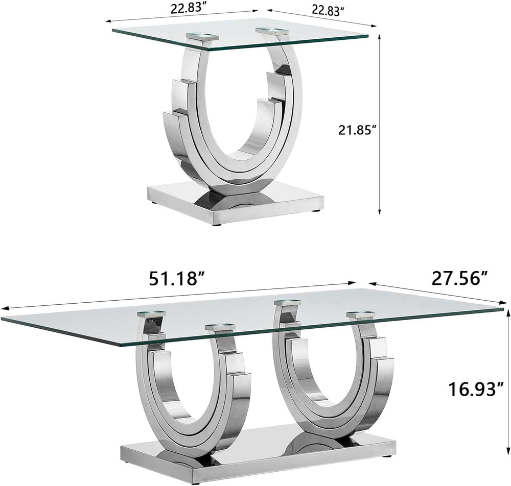 2 Piece Glass Coffee Table Set, Modern Living Room Table Set, Coffee Table wi...
