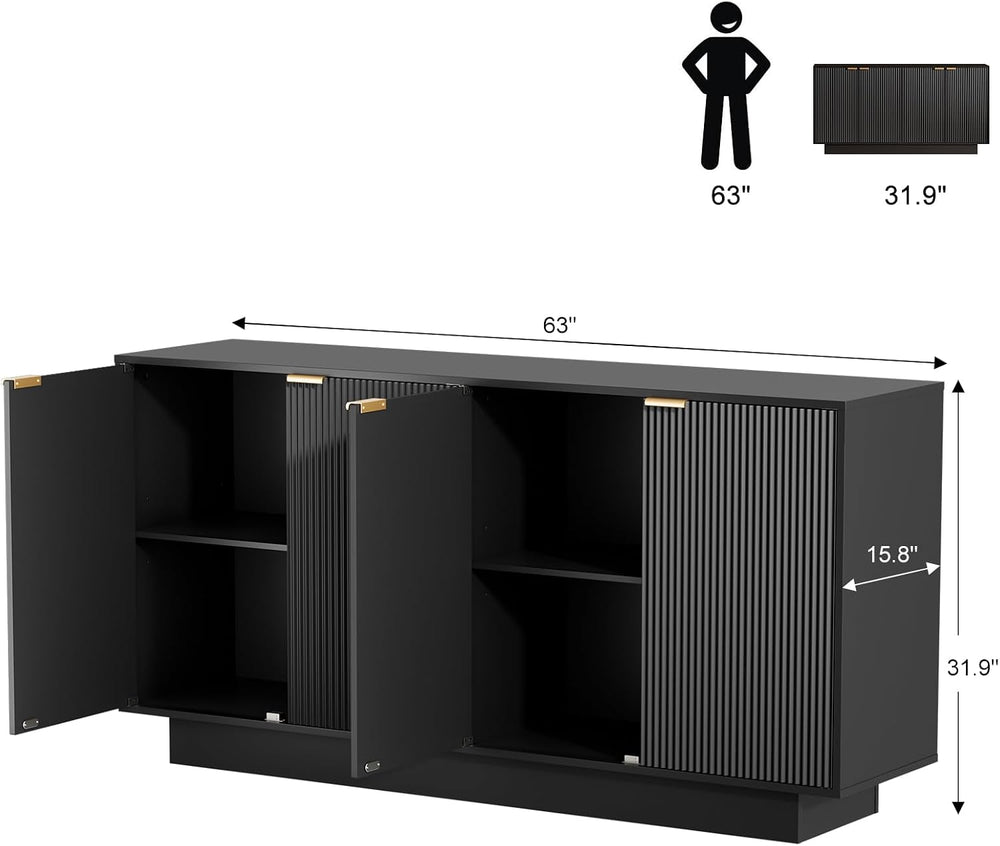63" Fluted Buffet Cabinet, Credenza Storage Cabinet with Adjustable Shelf