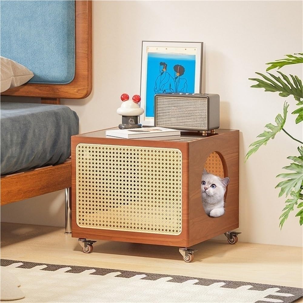 2-in-1 Cat Coffee Table Wood Rattan Side Cabinet with Glass Top Wheels Shared...