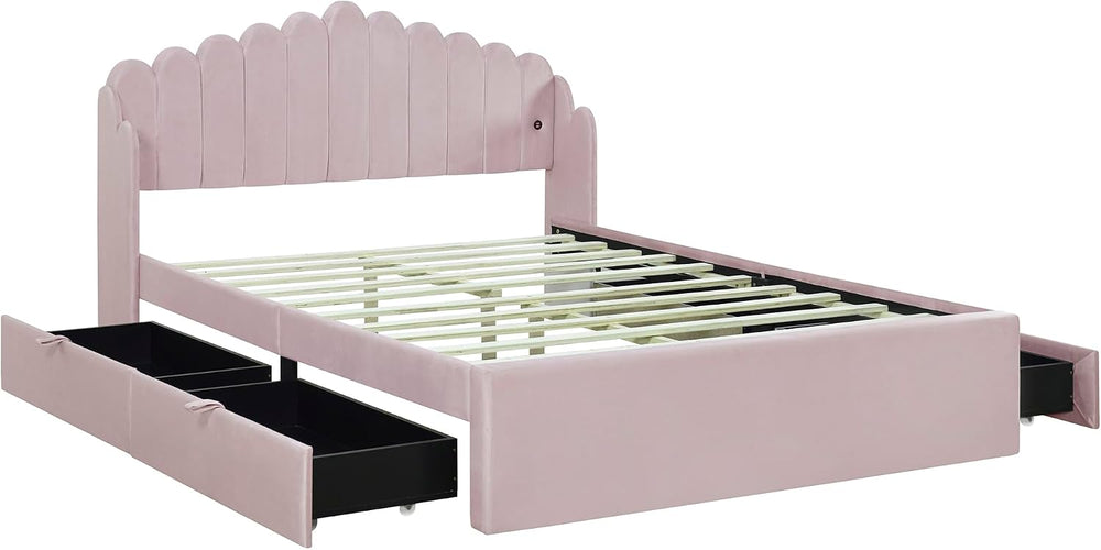 Queen Size Upholstered Platform Bed with 4 Drawers and 2 USB, Storage Platfor...