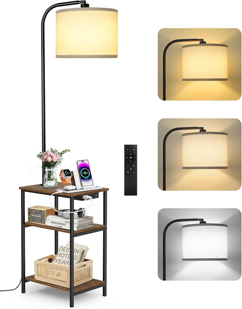 Floor Lamp with Table & Remote, Side End Table with Charging Station, Dim...