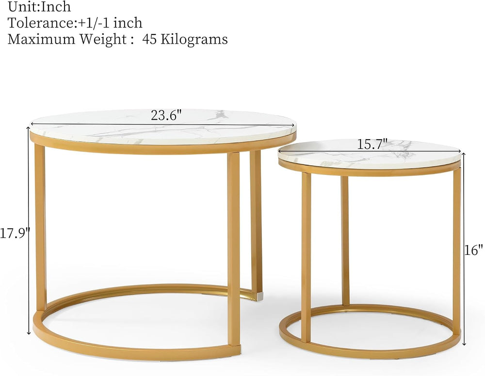 Nesting Coffee Table Set of 2, Round Coffee Table w/Marble Pattern Top, Moder...