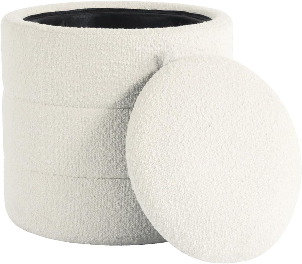 Storage Ottoman, 18 Inch Round Removable Lid, White Boucle Fabric