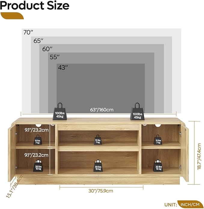 Bestier 63" Mid Century Modern TV Stand for Living Room, Wood Media Cons...
