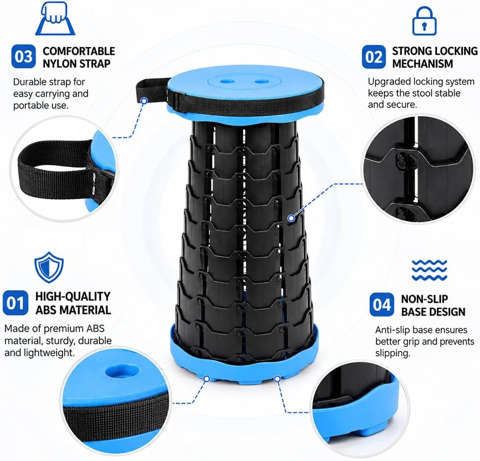 Foldable Telescoping Portable Stool, 2-Pack, Adjustable Height (Blue)