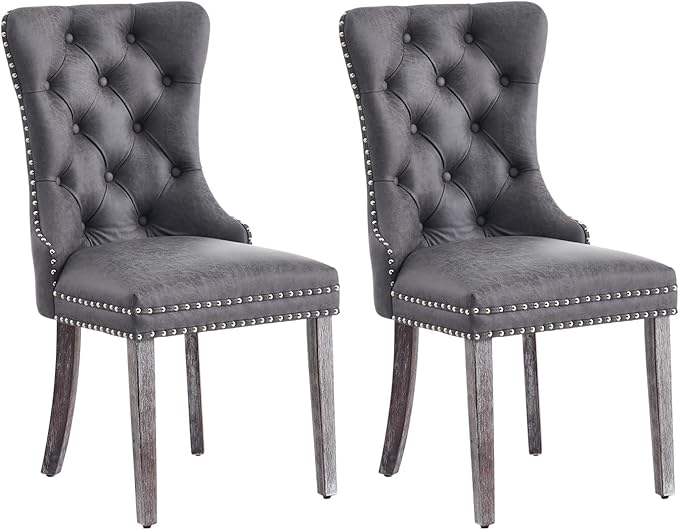 Leather Dining Chair Set of 2, Dining Room Chairs with Nailhead Ring Pull Tri...
