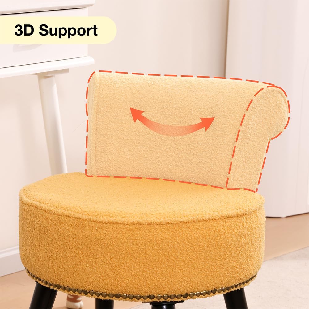 Teddy Yellow Vanity Chair with Back, Sherpa Stool with Tufted Backrest | Gold...