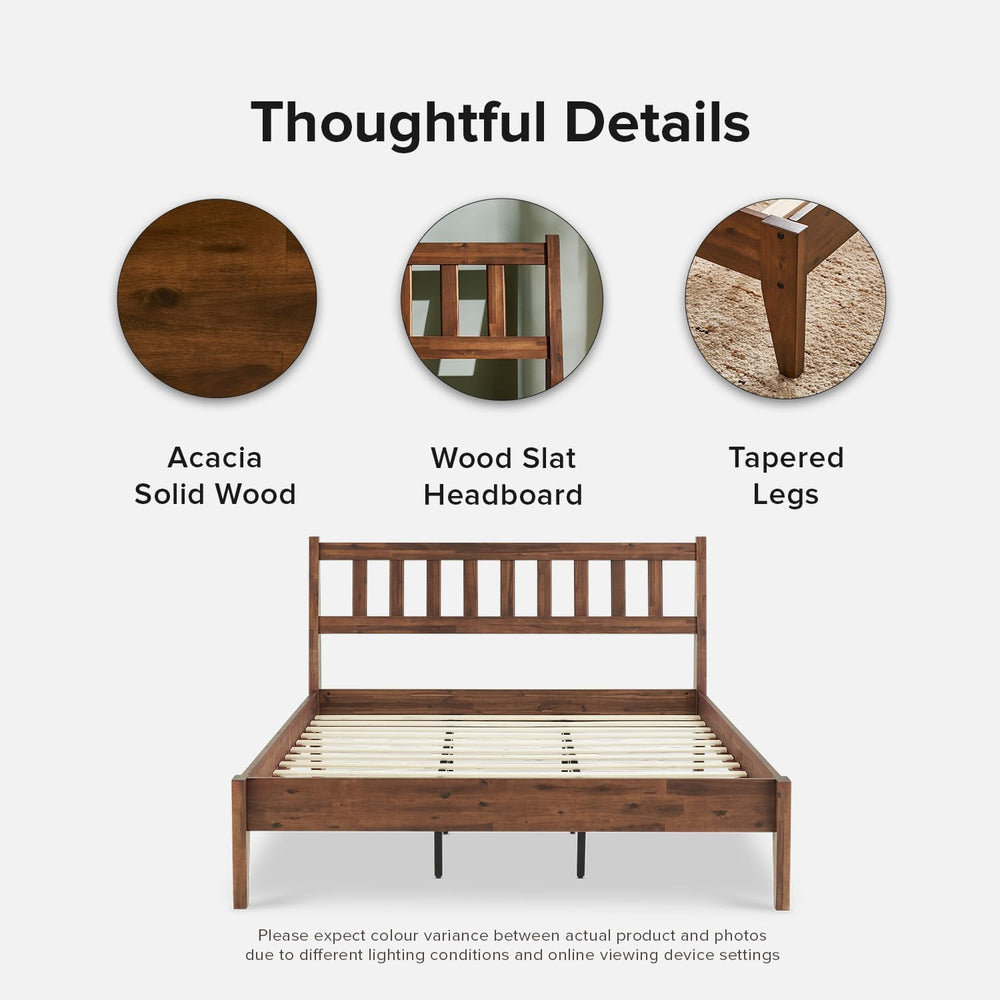mopio Ted Bed Frame with Headboard, Mid Century Modern Acacia Solid Wood Plat...