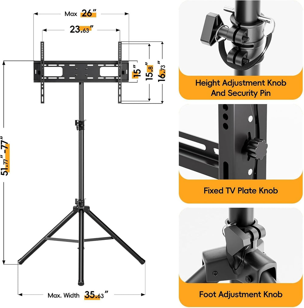 Tripod TV Stand for 25-70" TVs, Adjustable & Foldable, Black | ±15° ...