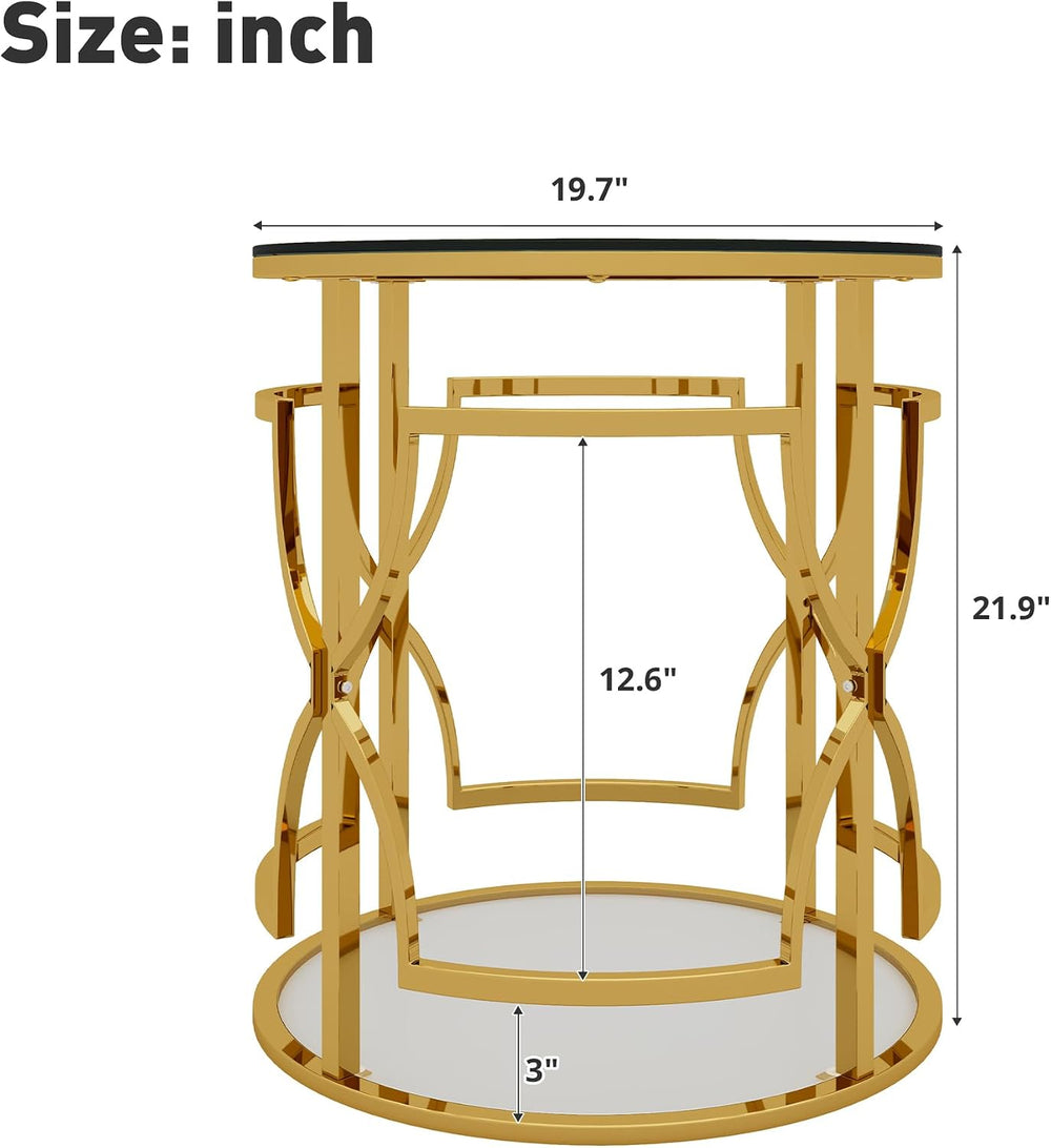 Polibi 19.7" Round Gold Metal End Table with Tempered Glass Top & 2-...