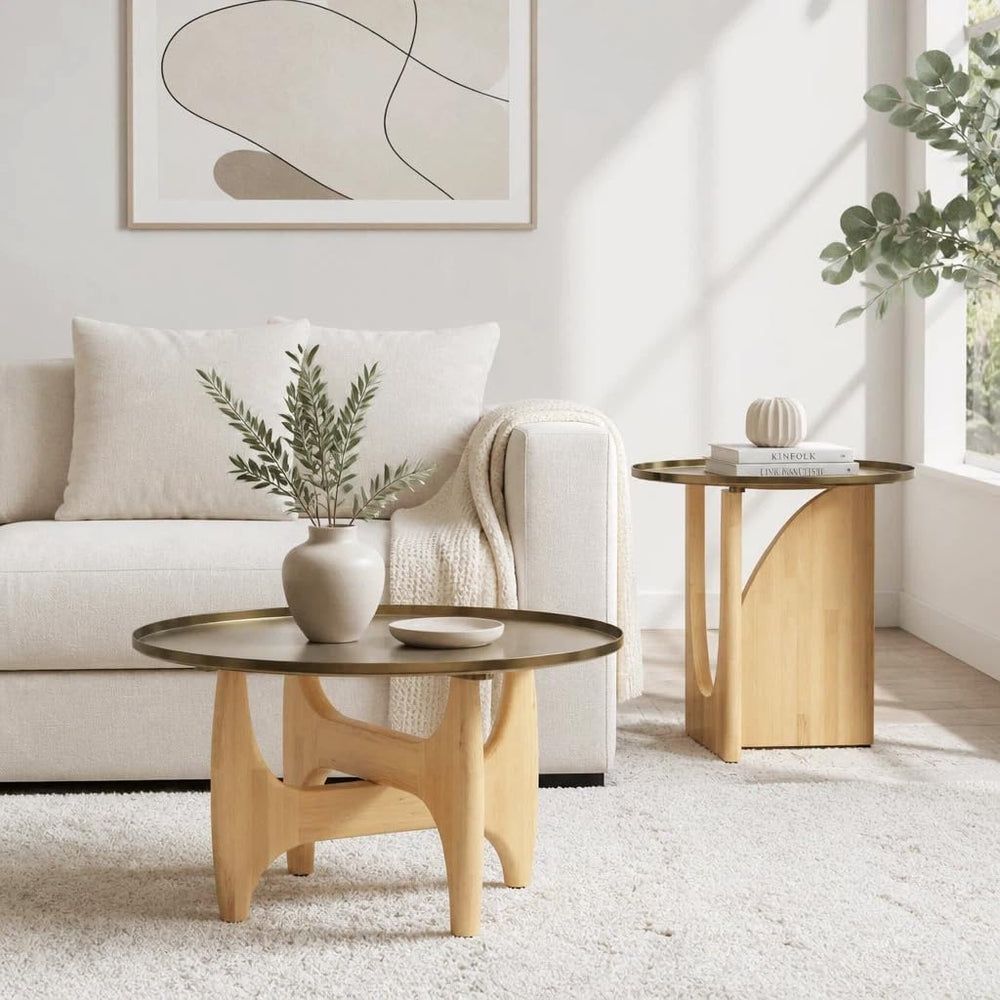 ACEDÉCOR Round Side Table, Solid Wood End Table with Brushed Gold Metal Tray ...
