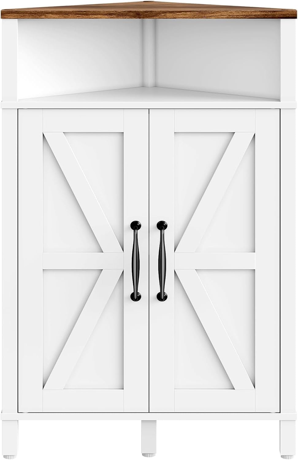Farmhouse-Style Corner Cabinet, Corner Shelf with Open Storage, Double-Door S...