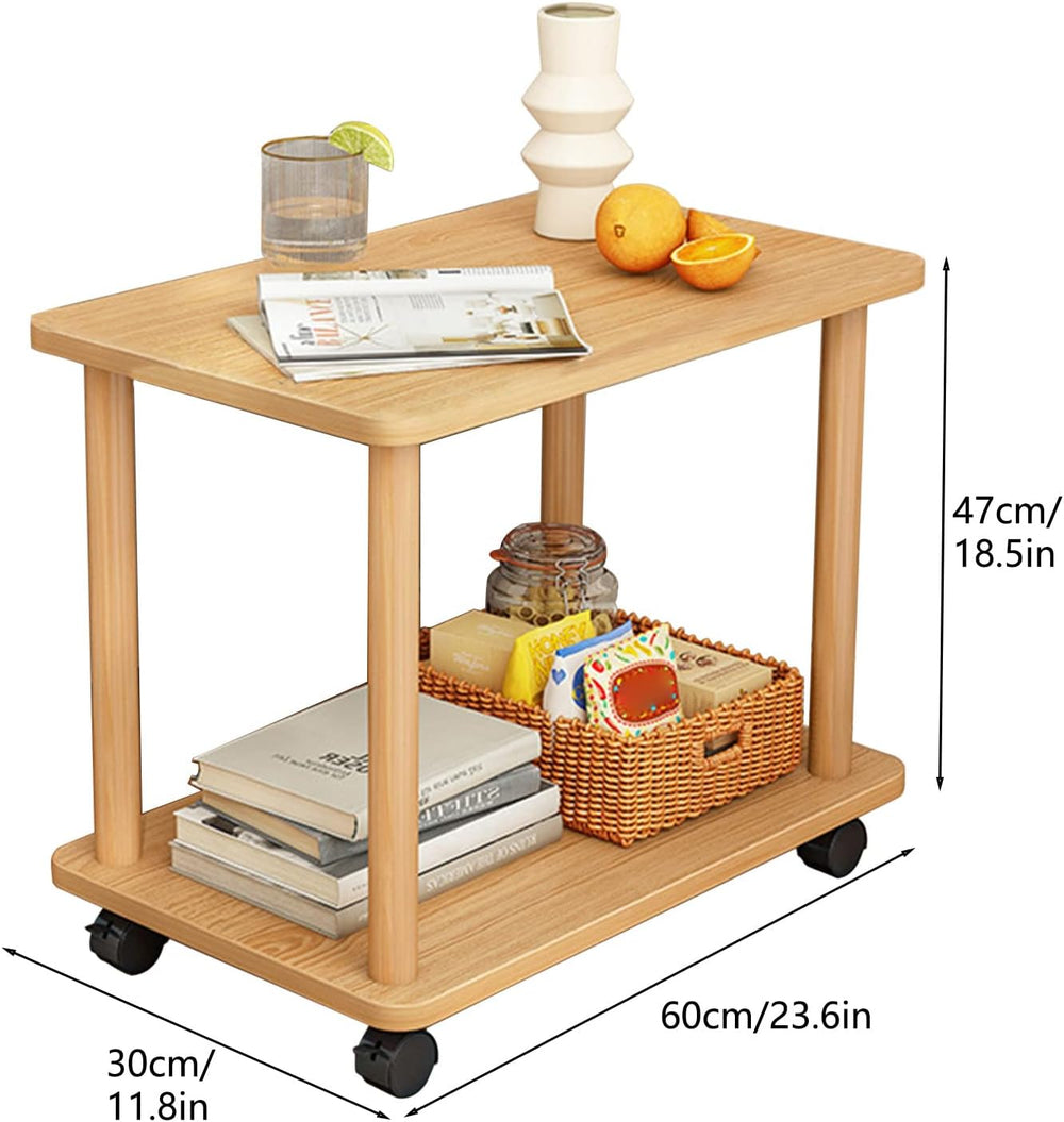 Sofa Side Table with Wheels,Wooden Night Stand with Open Shelf,2 Tier Small R...