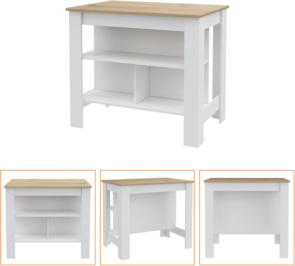 Kitchen Island Dozza with Three Shelves in White and Light Oak | Three storag...