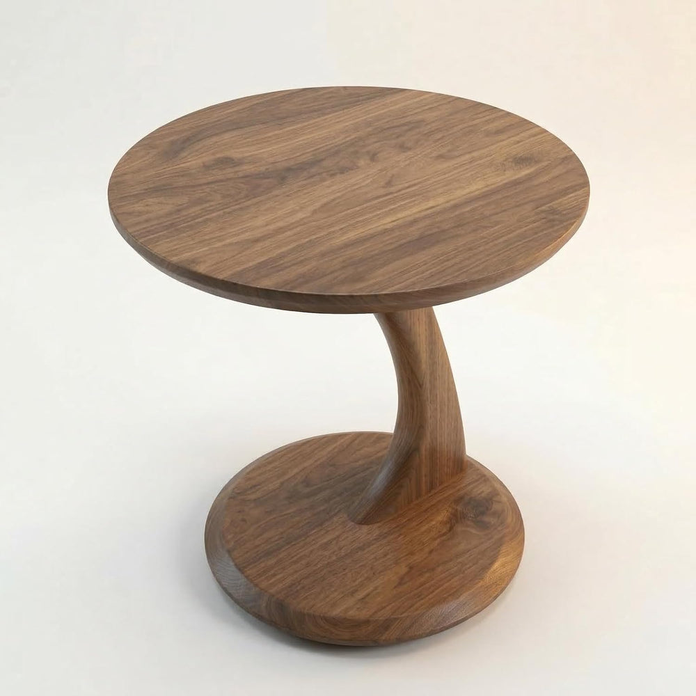Solid Walnut Finish Sculptural Side Table | Mid-Century Modern Round Pedestal...