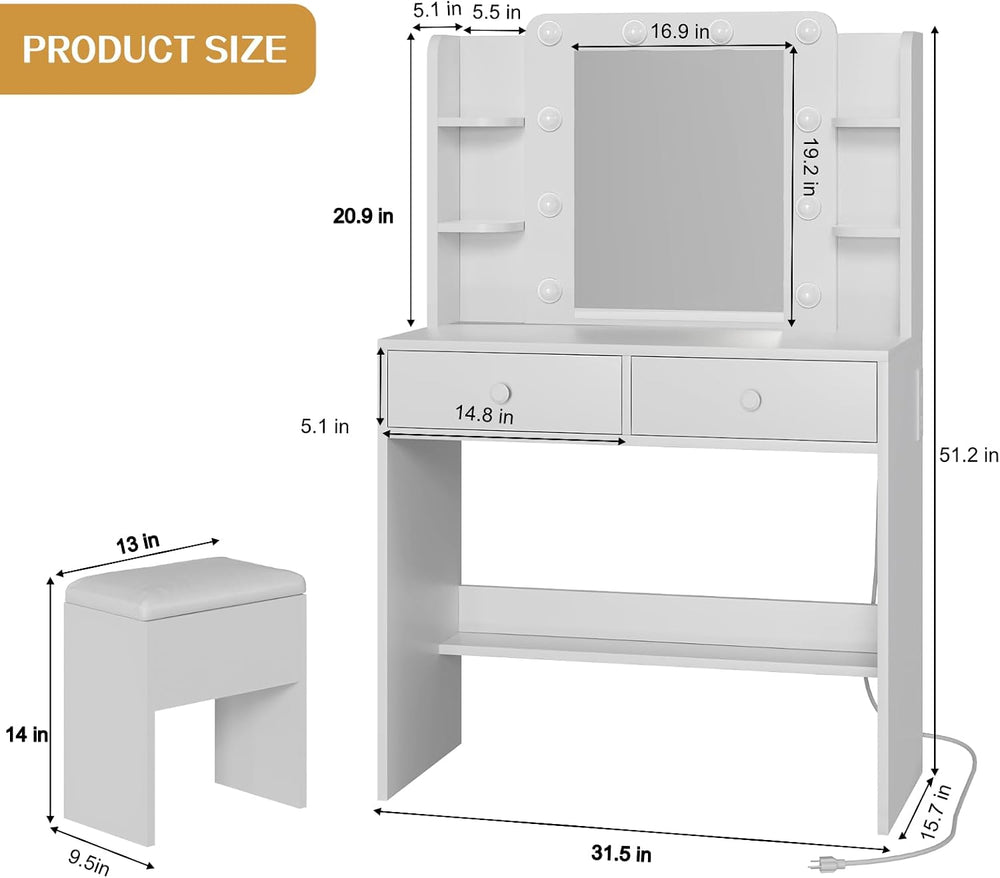 FUXA Makeup Vanity Desk with LED Mirror and Chair Set, White | 3 Lighting Mod...