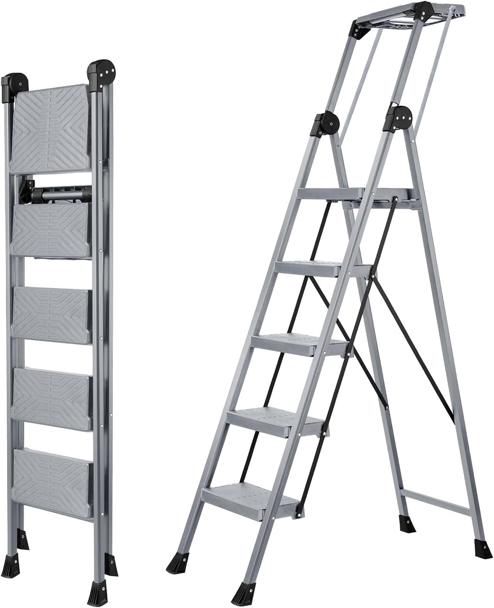 5 Step Ladder, Steel Stool with Foldable Handrail & Tool Tray