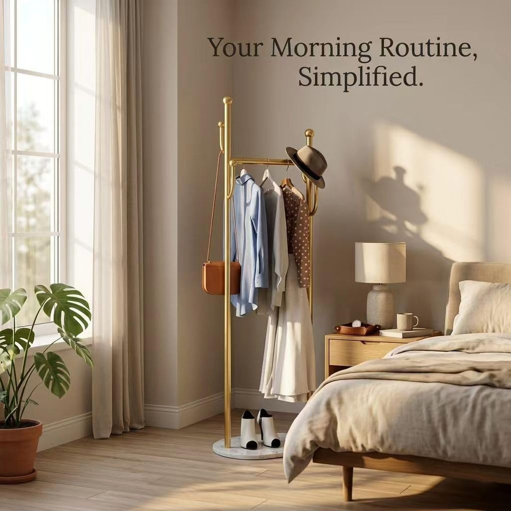 Gold Metal Clothes Rack Heavy Duty Freestanding Coat Rack with White Marble L...