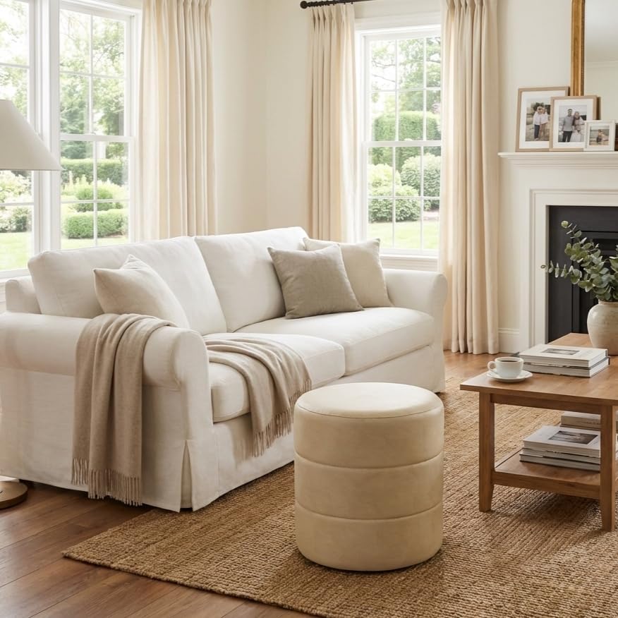Spatial Order 18" Round Ottoman - Cream Faux Leather