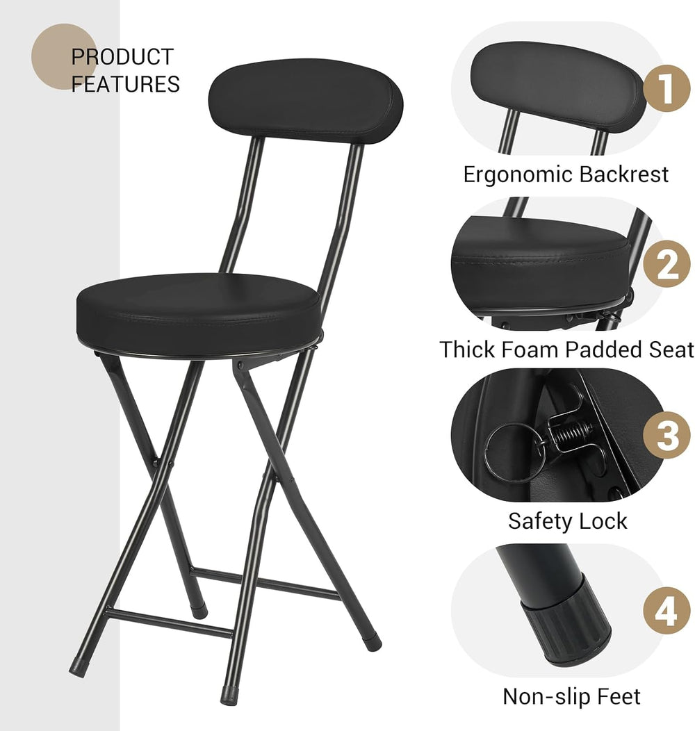 Cushioned Padded Folding Stools, Folding Bar Stool with Backrest, 220lb Capac...
