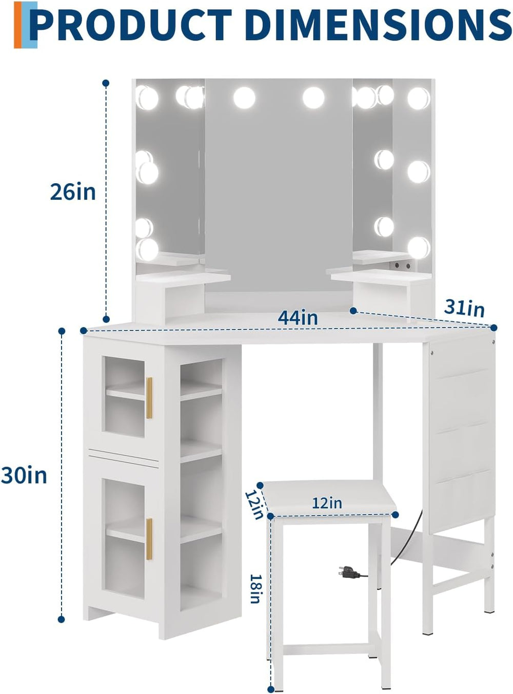 Garvee Corner Vanity Desk and Stool, Corner Makeup Vanity Set with Light | wi...