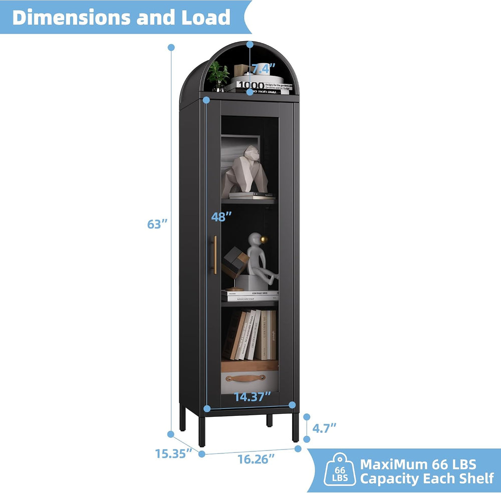 METAN Tall Metal Arched Display Cabinet with Glass Door, Narrow Freestanding ...