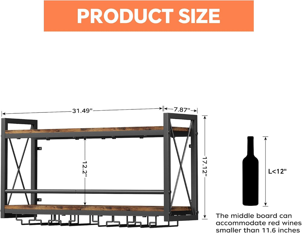 Homeiju Wall Mounted Wine Rack, Bottle & Glass Holder Wood-Metal Retro Wi...