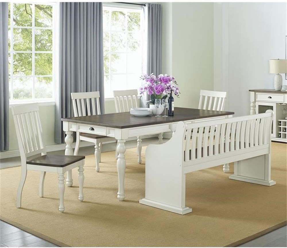 Steve Silver Joanna Two-Tone Ivory and Dark Oak Farmhouse Dining Bench with Back