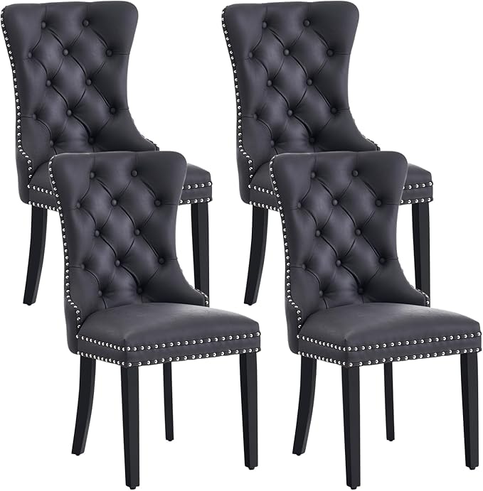 Leather Dining Chair Set of 4, Dining Room Chairs with Nailhead Ring Pull Tri...