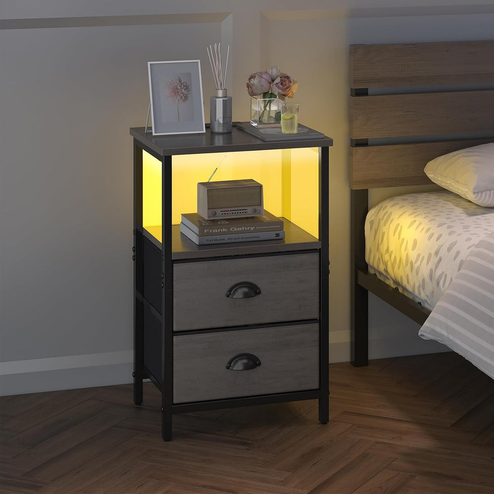 sthmec Nightstand with Charging Station, LED Night Stand Set of 2, Bedside Ta...