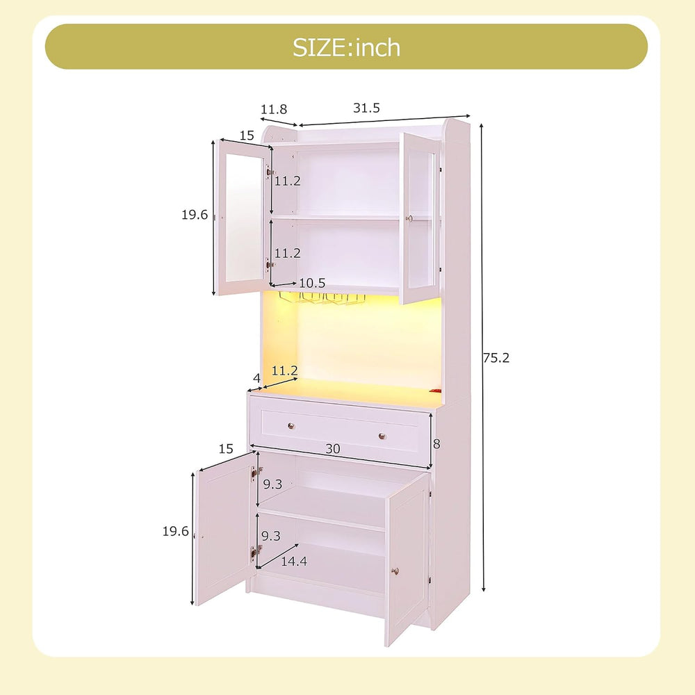 Kitchen Pantry Storage Cabinet 75.2” Tall, Modern Microwave Stand with Chargi...
