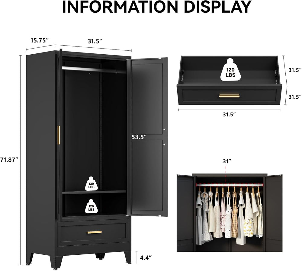 COFaR 71 Farmhouse Metal Wardrobe Closet with Hanging Rod, 2 Barn Doors, Adju...