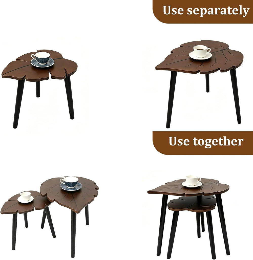 Nesting Coffee Table Set of 2, Monstera Leaf Wooden Side Table | Stacking Min...