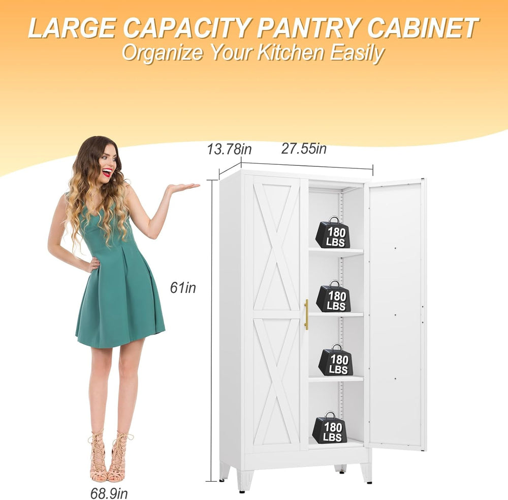 61" H Metal Kitchen Pantry Storage Cabinet, Freestanding Cupboard with 2...