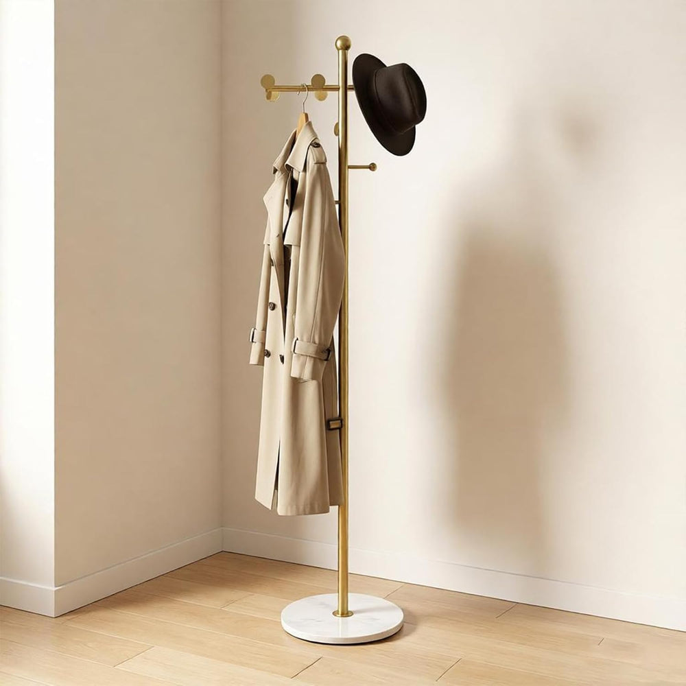 Modern Freestanding Coat Rack, with Marble Base and 8 Hooks
