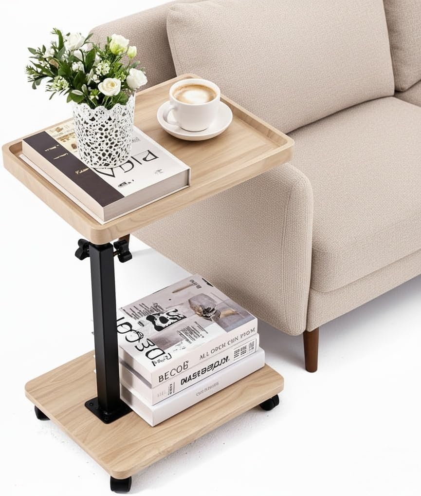 C Table End Table with Adjustable Height, C-Shaped Side Table for Couch &...