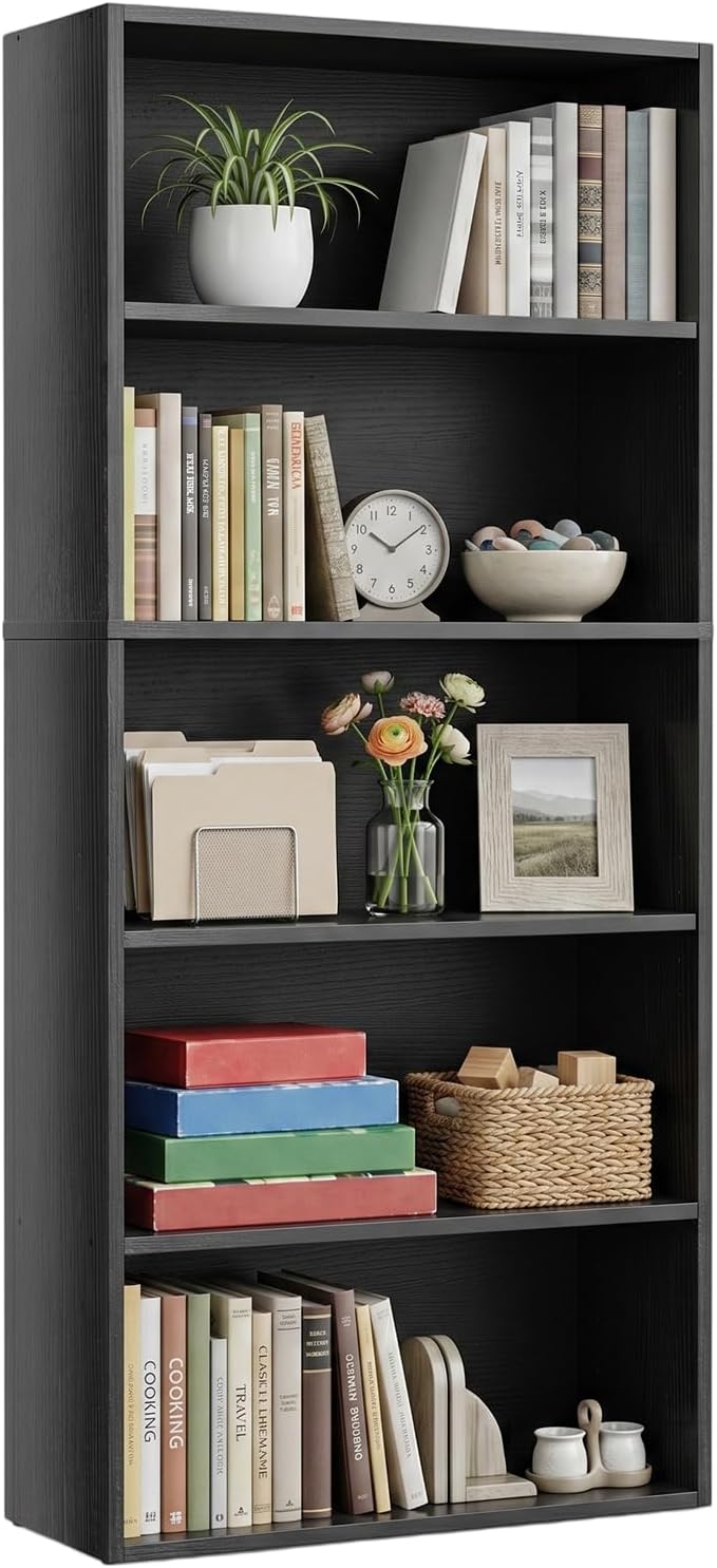 5 Tier Bookshelf, Black Bookshelves, Open Bookcase with Adjustable Shelves