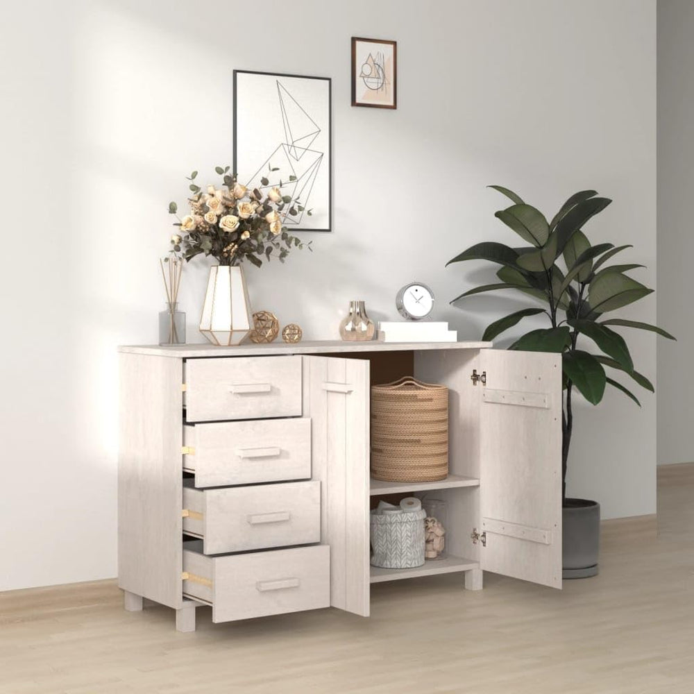 White Solid Pinewood and MDF Sideboard with 4 Drawers and 2 Doors, Modern Sto...