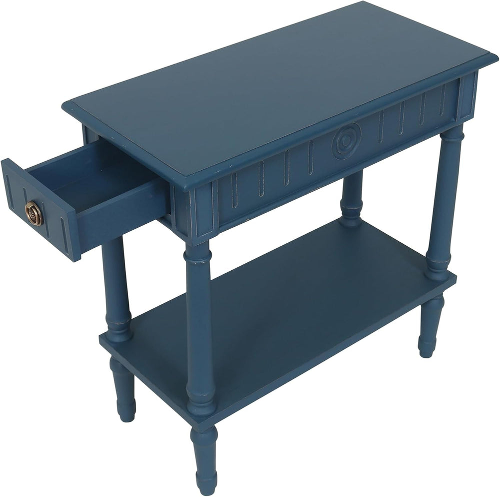 East at Main Handmade Solid Wood Narrow End Table with Drawer, Slim Blue Side...