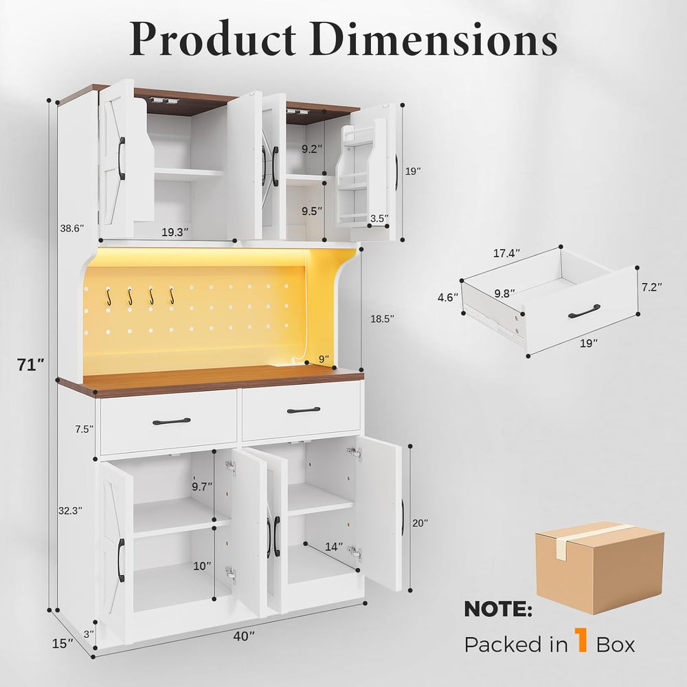 VK·LIVING 71" Kitchen Pantry Cabinet with LED Light & Charging Stati...