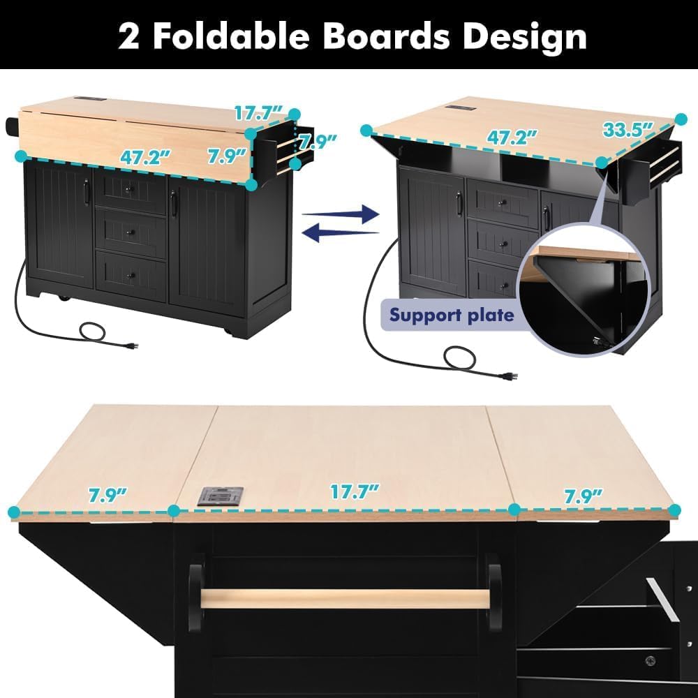 Kitchen Island with 2 Drop Leaf, Home Cart Island on Wheels Foldable Dining T...