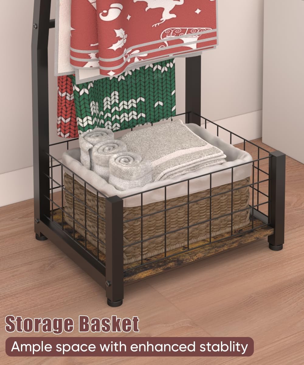 6.3ft Blanket Ladder with Storage Basket, 5 Tier Decorative Ladder Shelf Stan...