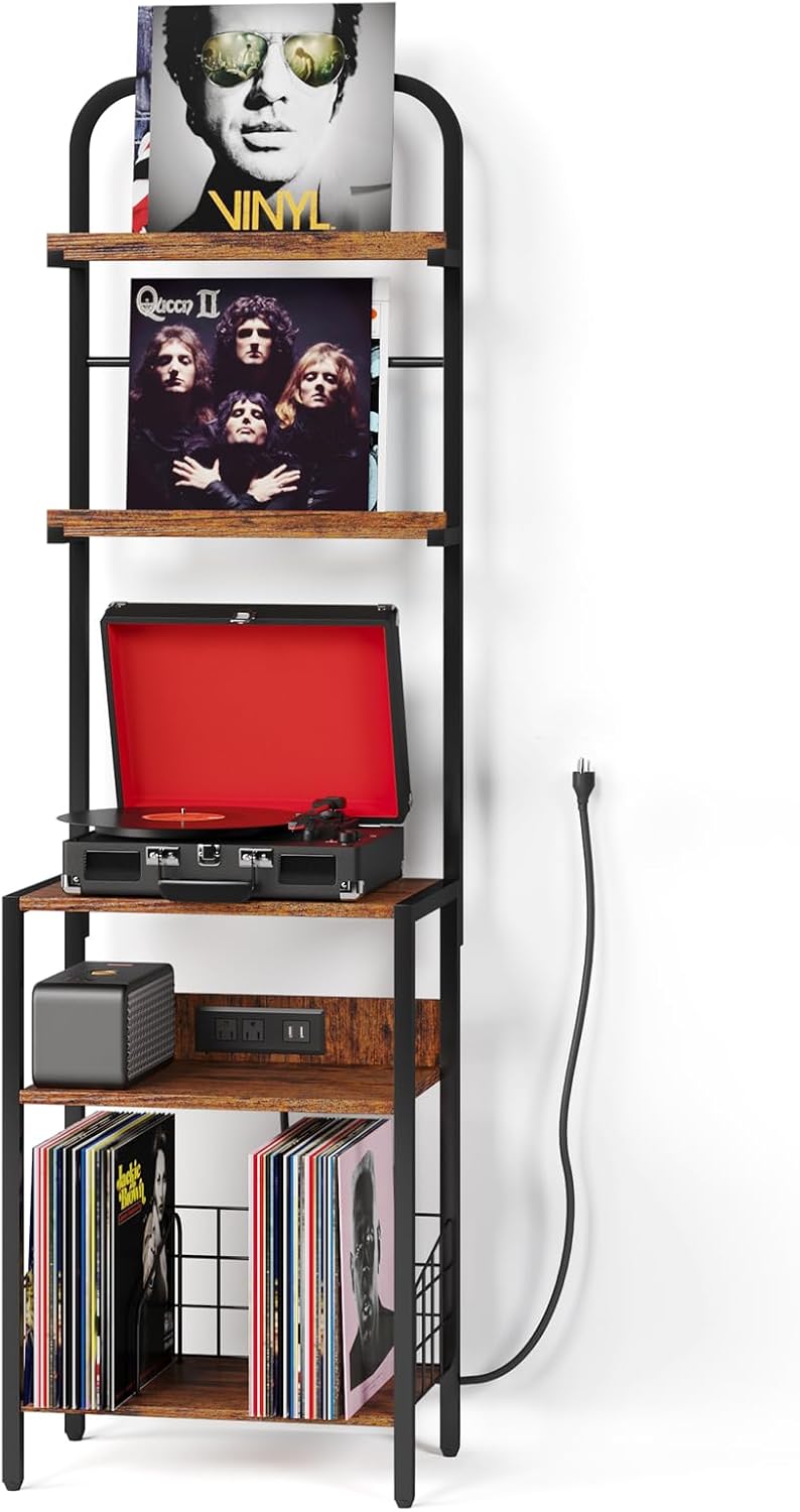 Record Player Stand with Power Outlet, Turntable Stand with 2-Tier Vinyl Reco...