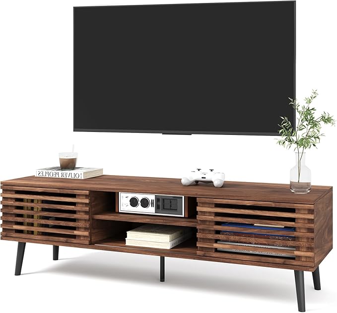 HAIOOU Mid Century Modern TV Stand, 52" Wooden TV Console with Slatted S...