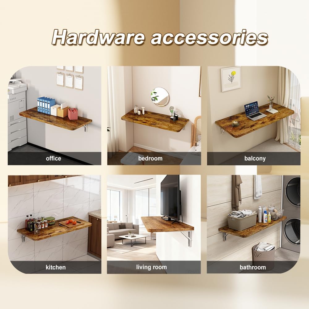 Rustic Wall Mounted Folding Table, Solid Wood Floating Desk with Stainless St...
