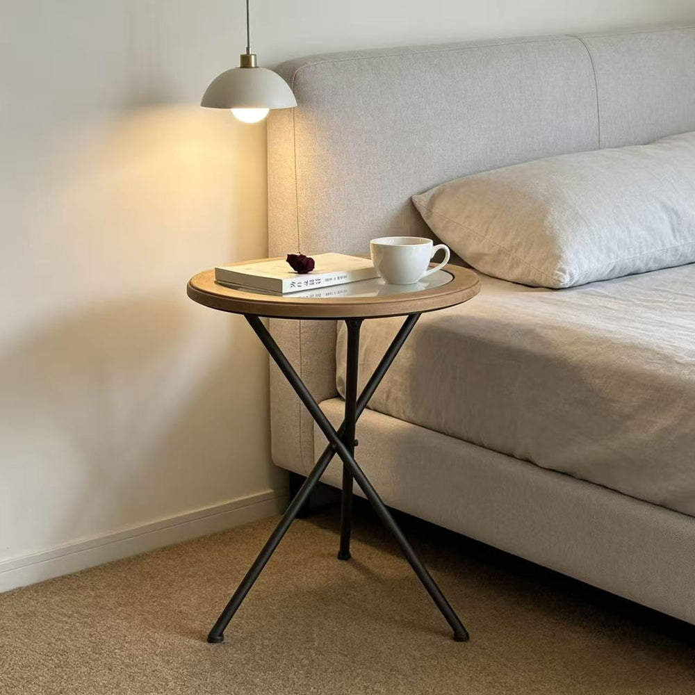 Premium Round Solid Wood Glass Top Side Table, Mid-Century Modern Industrial ...