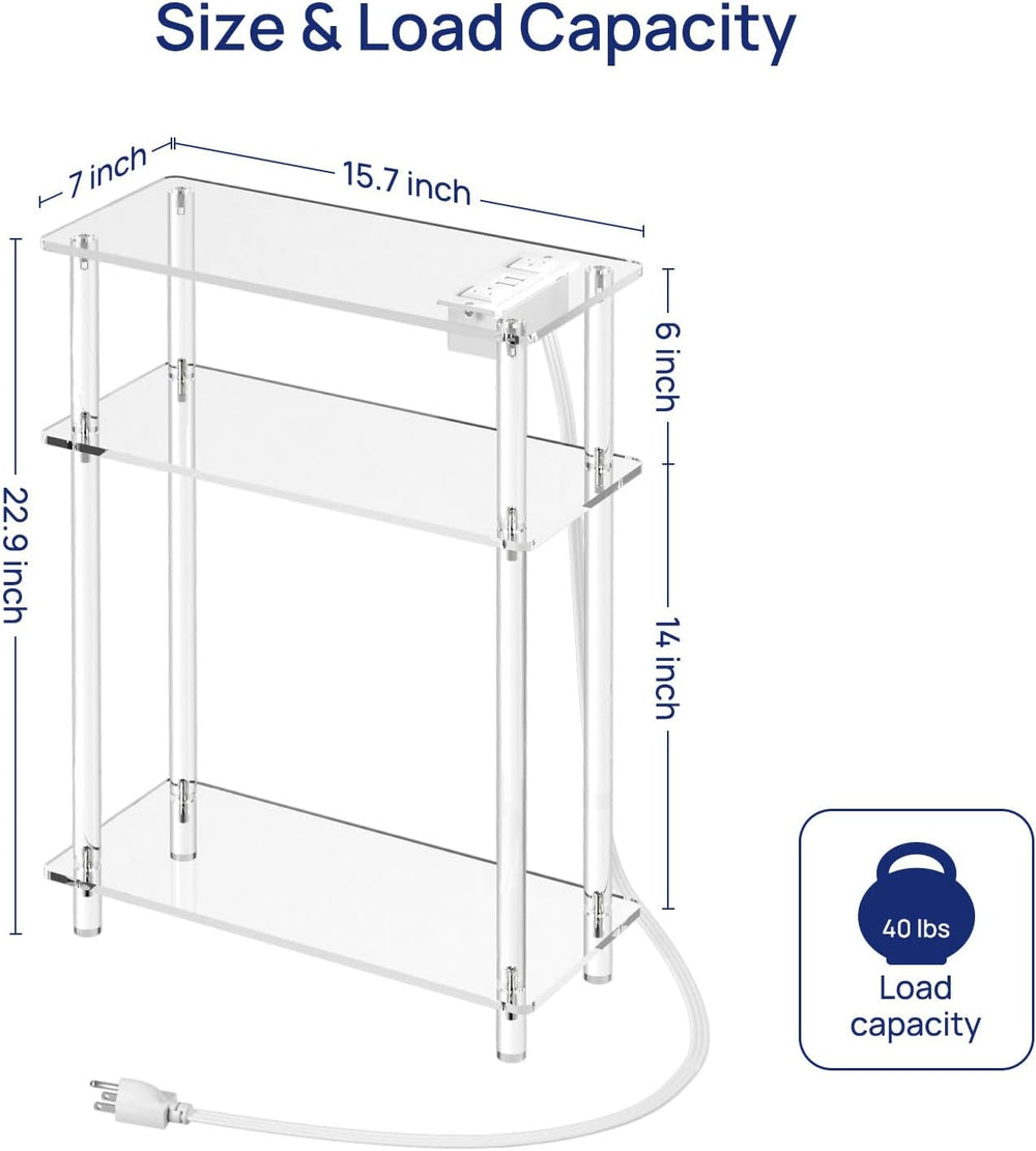 HMYHUM Acrylic Narrow Side Table with Charging Station, 7" Width, 3 Tier...