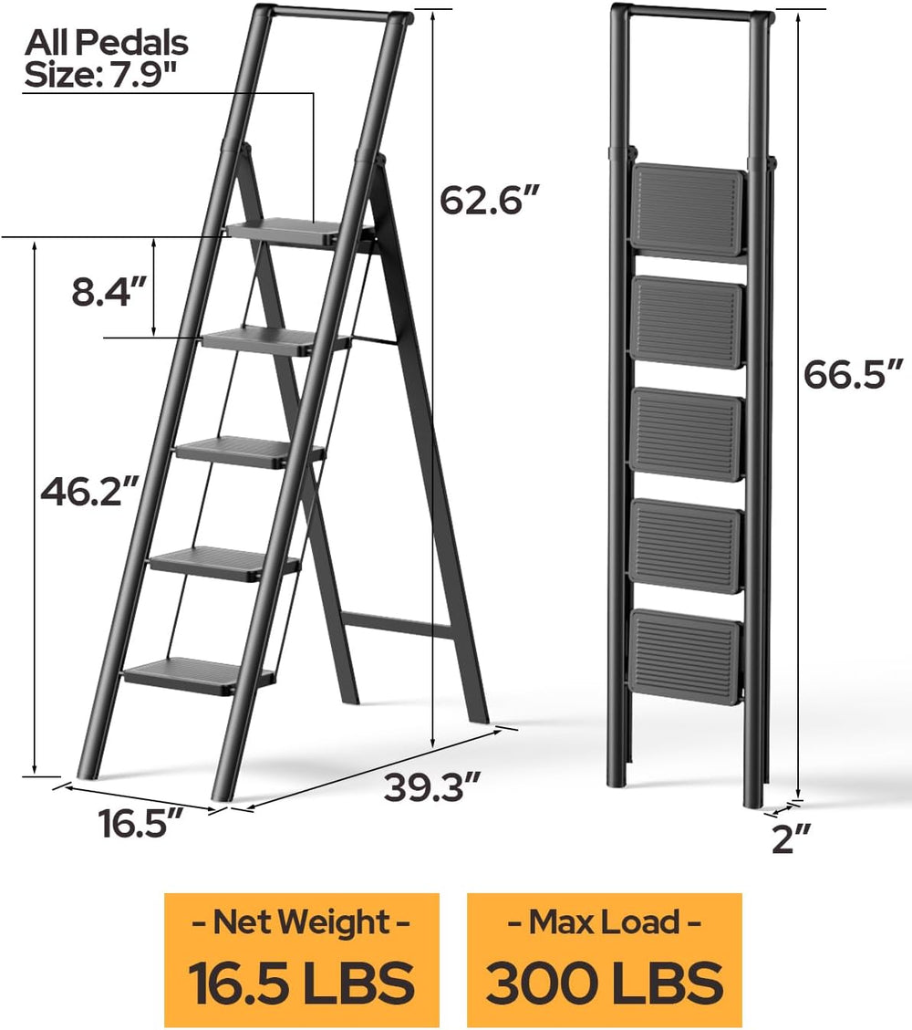 5 Step Ladder, Foldable 5 Step Stool, Black
